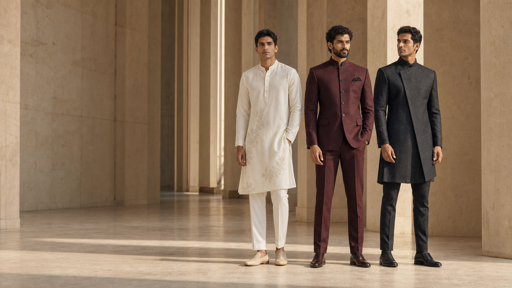 Three models wearing a contemporary ivory kurta, oxblood jodhpuri and charcoal Indo-Western ensemble