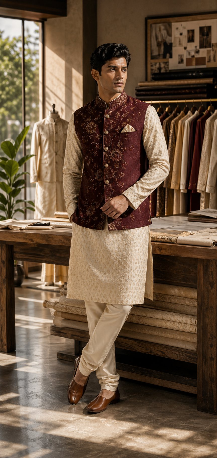 Ivory kurta and maroon embroidered jacket