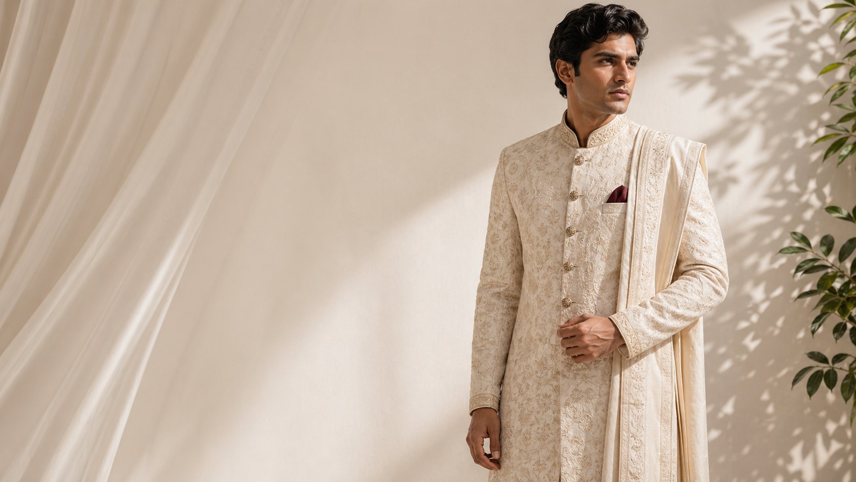 Model wearing an ivory embroidered Indian sherwani