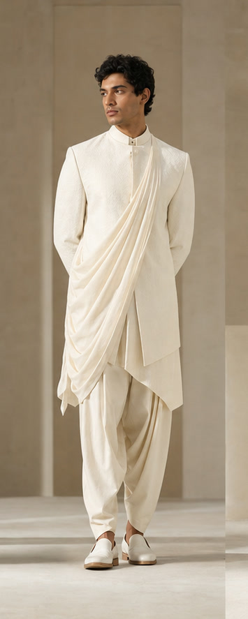Ivory draped Indo-Western jacket