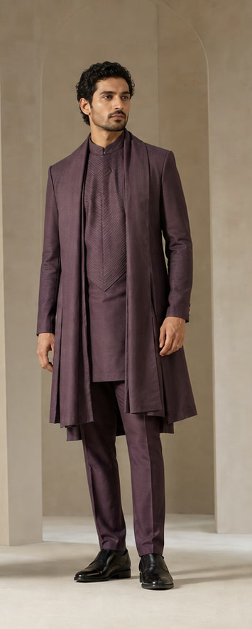 Muted plum layered Indo-Western look