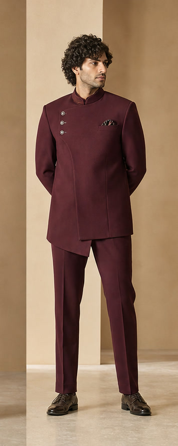 Oxblood asymmetric Jodhpuri suit