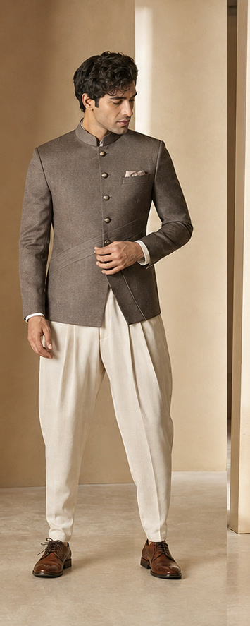 Warm taupe Jodhpuri with draped trousers