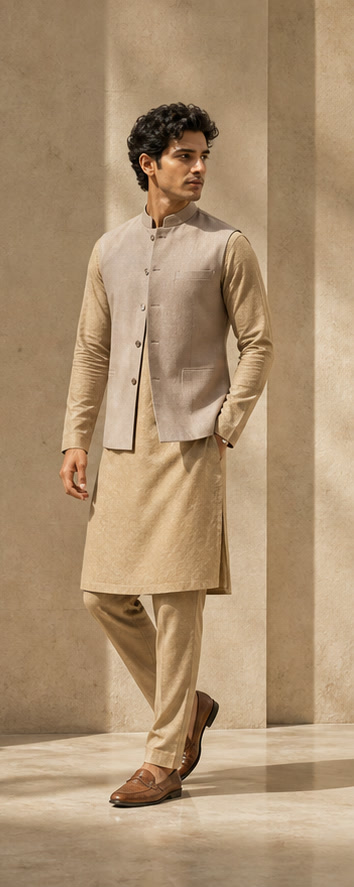 Sand kurta with modern waistcoat