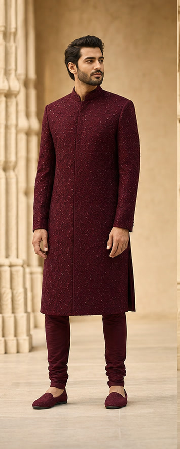 Deep maroon tonal sherwani